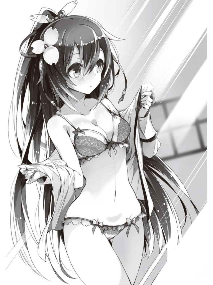 1girl, ass_visible_through_thighs, breasts, cleavage, collarbone, copyright_request, hair_between_eyes, hair_ornament
