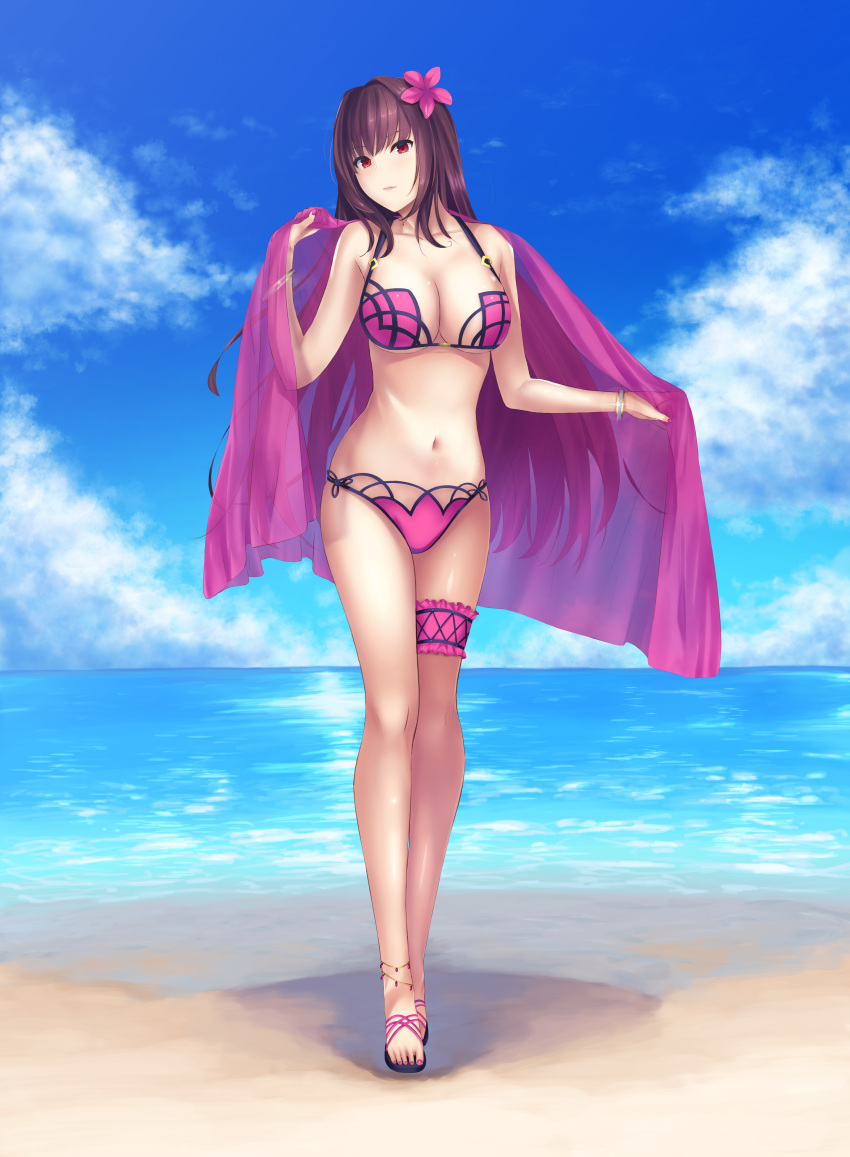 1girl, absurdres, anklet, beach, bikini, blue_sky, bracelet, breasts