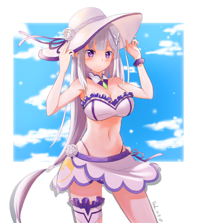 1girl, adapted_costume, arms_up, artist_name, bare_shoulders, bikini, bikini_skirt, blue_sky