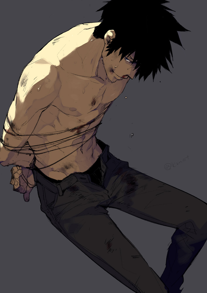 1boy, arms_behind_back, black_hair, blood, bound, bruise, from_above, injury, kazunon, kougami_shin'ya, male_focus, nipples, nosebleed, psycho-pass, shirtless, simple_background, sitting, smile, solo, sweat, tied_up, twitter_username, unzipped