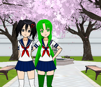 2girls, black_hair, green_eyes, green_hair, kisekae, long_hair, lowres, midori_gurin_(yandere_simulator)