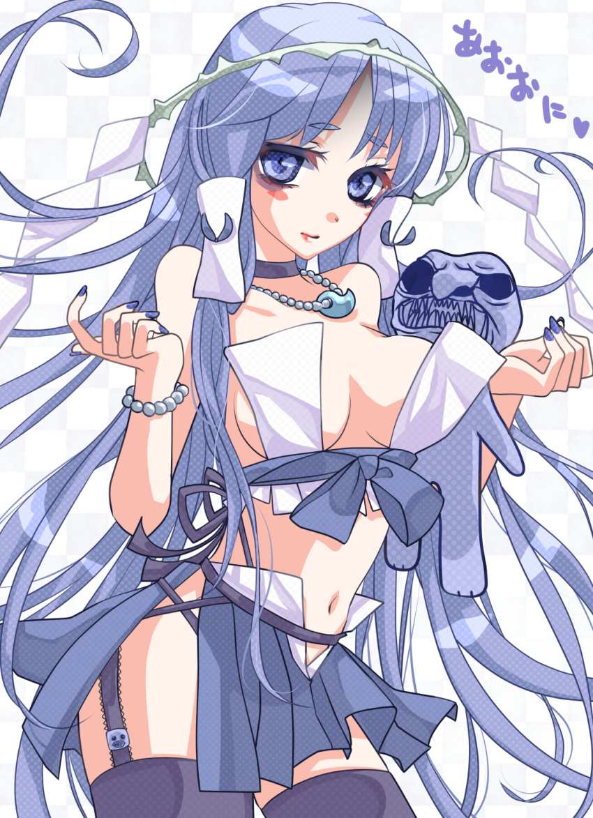 1girl, ao_oni, artist_request, bangs, blockman_oni_(ao_oni), blue_eyes, blue_hair, blush_stickers, bracelet, breasts, cameo, checkered, checkered_background, fangs, genderswap, genderswap_(mtf), hair_ornament, hair_tubes, highres, jewelry, long_hair, looking_at_viewer, magatama, midriff, nail_polish, navel, necklace, pearl_bracelet, pearl_necklace, personification, sidelocks, solo, stuffed_toy, the_oni_(ao_oni), very_long_hair