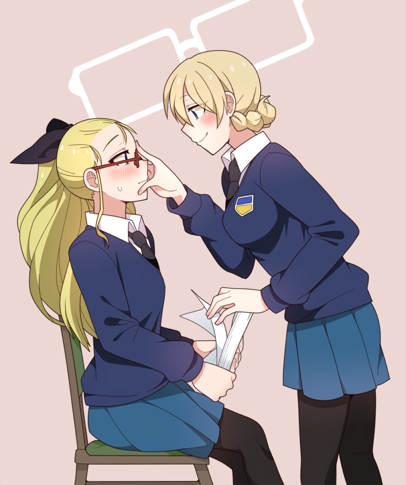 2girls, assam, black_legwear, blonde_hair, blue_skirt, breasts, darjeeling, girls_und_panzer