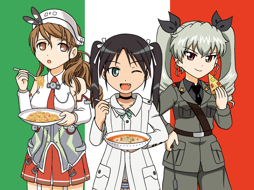 3girls, anchovy, bangs, black_hair, black_shirt, blouse, blue_panties, bowl, brown_eyes, brown_hair, choker, commentary, commentary_request, cowboy_shot, detached_sleeves, dress_shirt, drill_hair, flag_background, food, fork, francesca_lucchini, girls_und_panzer, green_eyes, green_hair, grey_jacket, grey_pants, hair_ribbon, highres, holding, holding_food, hoshino_banchou, italian_flag, italy, jacket, kantai_collection, littorio_(kantai_collection), long_hair, long_sleeves, looking_at_viewer, military, military_uniform, miniskirt, multiple_girls, necktie, no_pants, no_pupils, open_mouth, panties, pants, parted_lips, pasta, pizza, pleated_skirt, red_eyes, red_skirt, ribbon, riding_crop, risotto, shirt, shoulder_belt, side-by-side, skirt, sleeveless, smile, spoon, standing, strike_witches, striped, striped_panties, trait_connection, twin_drills, twintails, underwear, uniform, white_blouse, white_jacket, world_witches_series