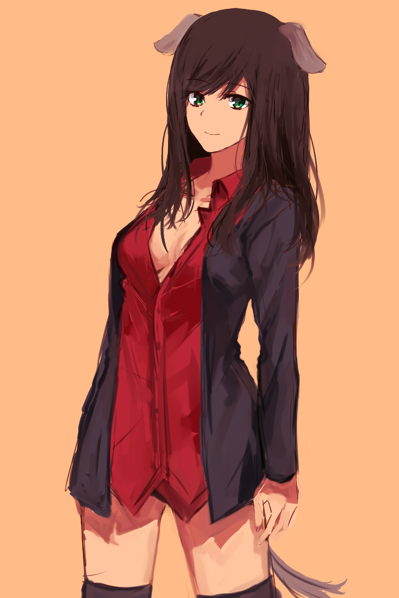 1girl, animal_ears, black_jacket, black_legwear, breasts, brown_hair, dog_ears, eyebrows