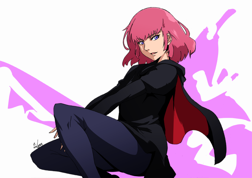 1girl, :d, artist_name, black_pants, cape, eyebrows, eyebrows_visible_through_hair, gundam