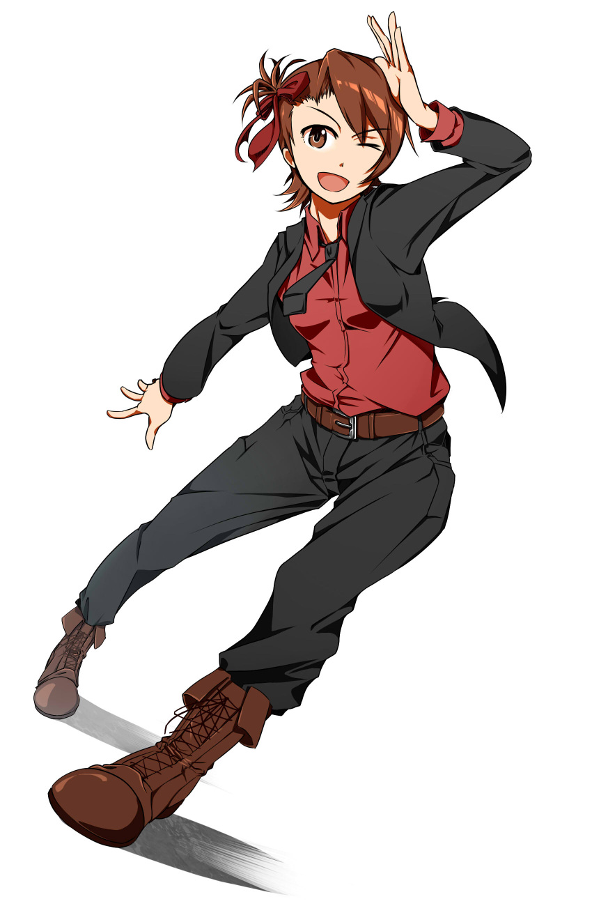 1girl, absurdres, belt, black_jacket, black_necktie, brown_eyes, brown_hair, futami_ami