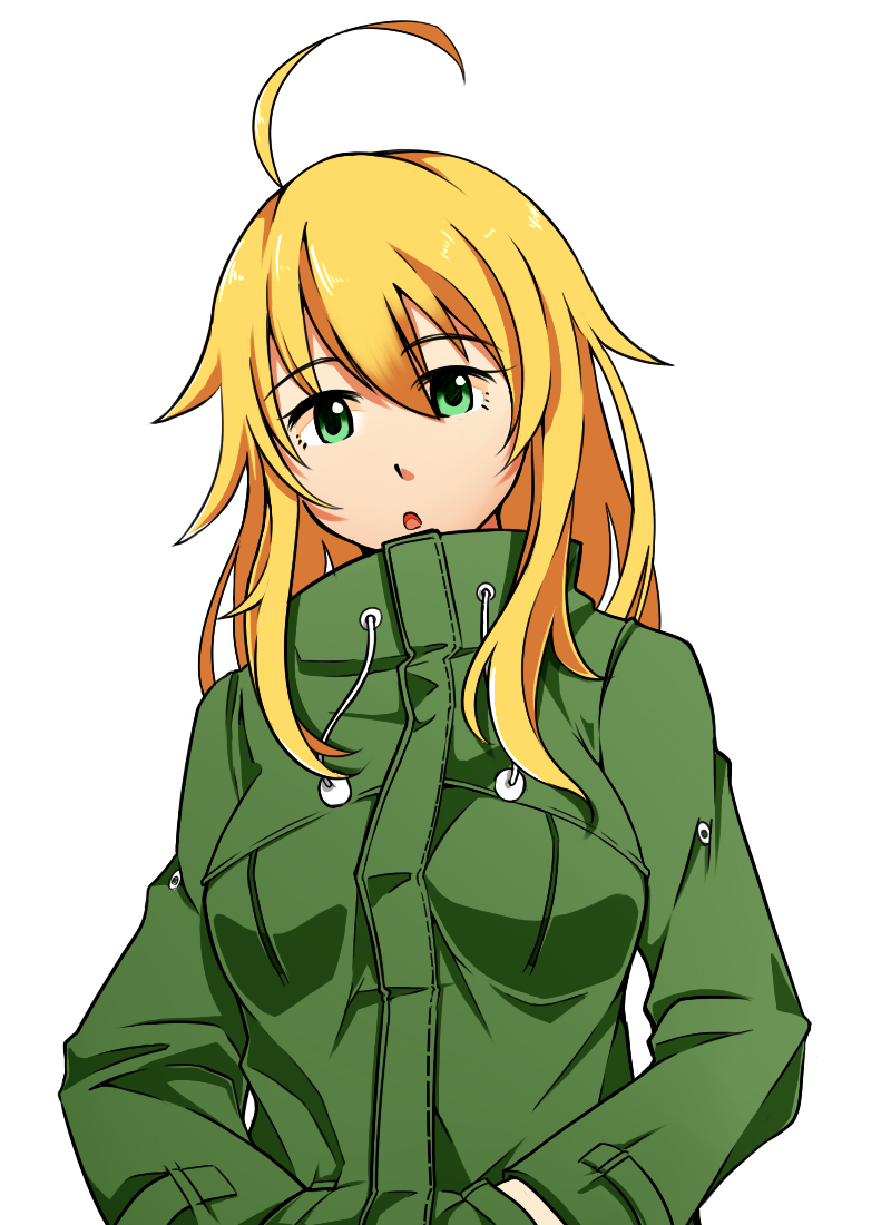 1girl, ahoge, blonde_hair, eyebrows, eyebrows_visible_through_hair, green_eyes, green_jacket, hadaka_megane