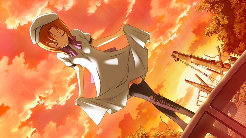 1girl, bangs, beret, black_legwear, boots, bow, car, closed_eyes, crossed_legs, curtsey, dress, dutch_angle, game_cg, ground_vehicle, hat, higurashi_no_naku_koro_ni, motor_vehicle, official_art, orange_hair, rato, ryuuguu_rena, short_hair, skirt_hold, sky, smile, solo, standing, sunset, thigh-highs, tsumihoroboshi-hen