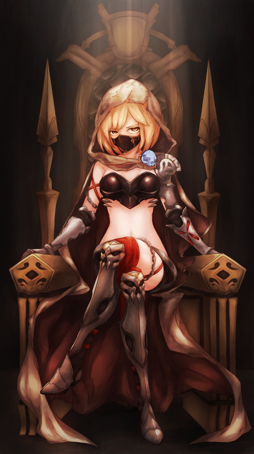 1girl, armor, bikini_armor, blonde_hair, breastplate, chain, chaos_ruler_(granblue_fantasy), crossed_legs, djeeta_(granblue_fantasy), face_mask, gauntlets, granblue_fantasy, highres, hood, mask, short_hair, sitting, throne, yellow_eyes