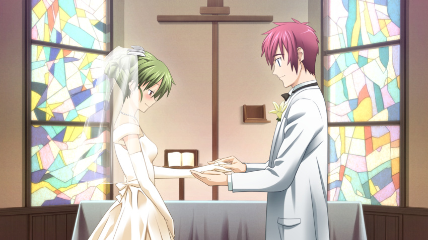 1boy, 1girl, artist_check, bangs, blush, bridal_veil, bride, couple