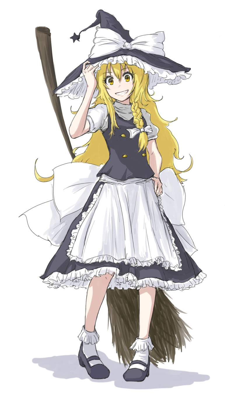 1girl, apron, black_skirt, black_vest, blonde_hair, bow, braid, broom