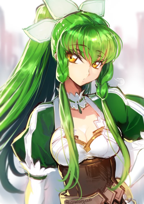 1girl, breasts, c.c., cleavage, code_geass, cosplay, creayus, green_hair
