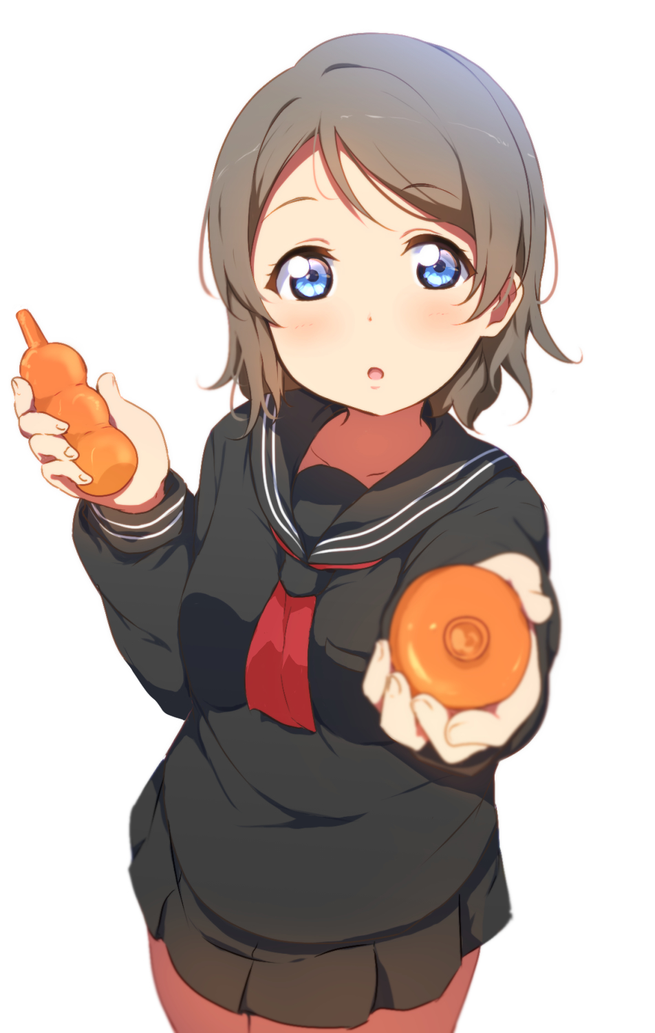 1girl, :o, black_serafuku, blue_eyes, highres, holding, icehotmilktea, long_sleeves