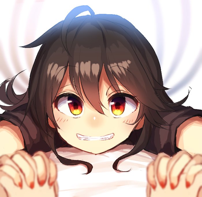 1girl, black_dress, black_hair, blush, dress, fang, grin, holding_hands