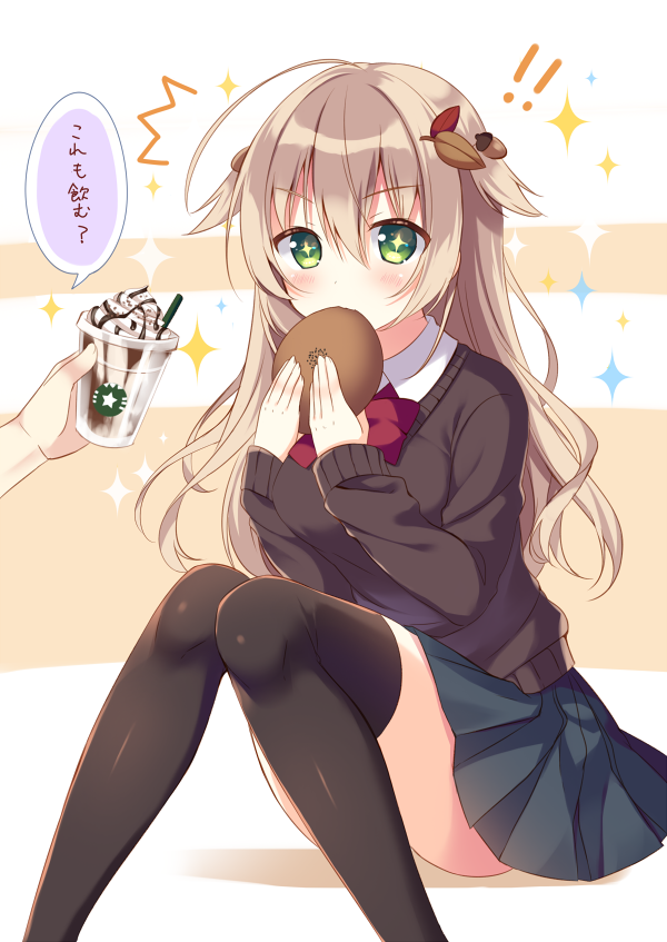 !!, +_+, /\/\/\, 1girl, acorn_hair_ornament, ahoge, black_legwear, blue_skirt