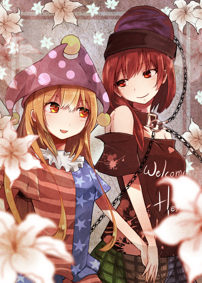 2girls, american_flag_legwear, american_flag_shirt, bare_shoulders, blonde_hair, breasts, clownpiece, hat