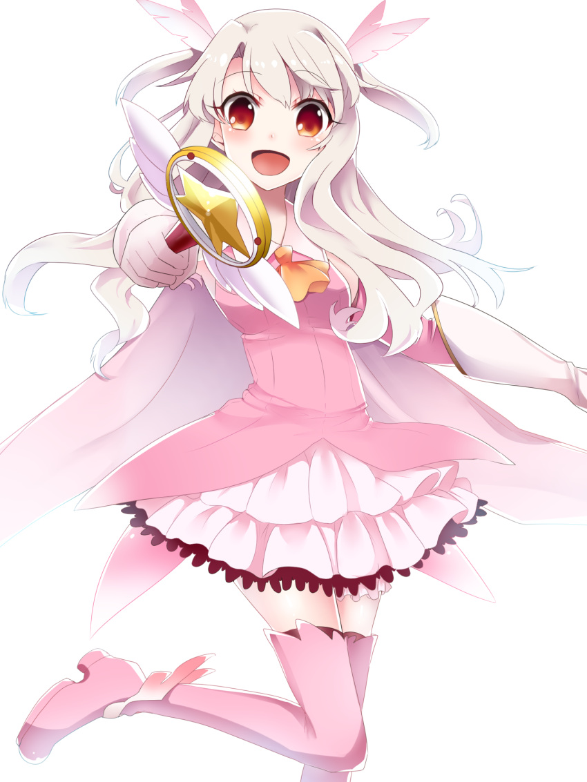 1girl, blonde_hair, blue_eyes, boots, dress, fate/grand_order, fate/kaleid_liner_prisma_illya, fate_(series), gloves, gurikougen, highres, illyasviel_von_einzbern, long_hair, magical_girl, magical_ruby, prisma_illya, standing, standing_on_one_leg, thigh-highs, thigh_boots, two_side_up, wand