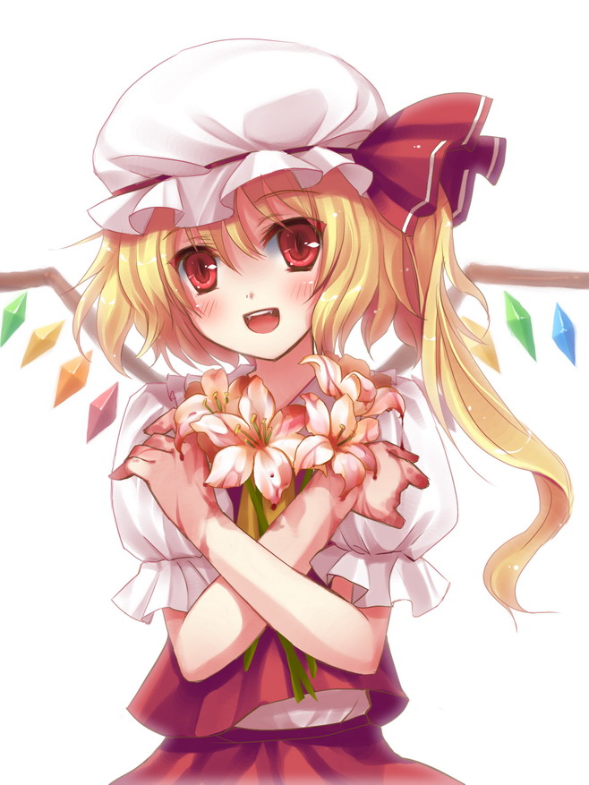 blood, bust, fangs, flandre_scarlet, flower, hat, object_hug, open_mouth