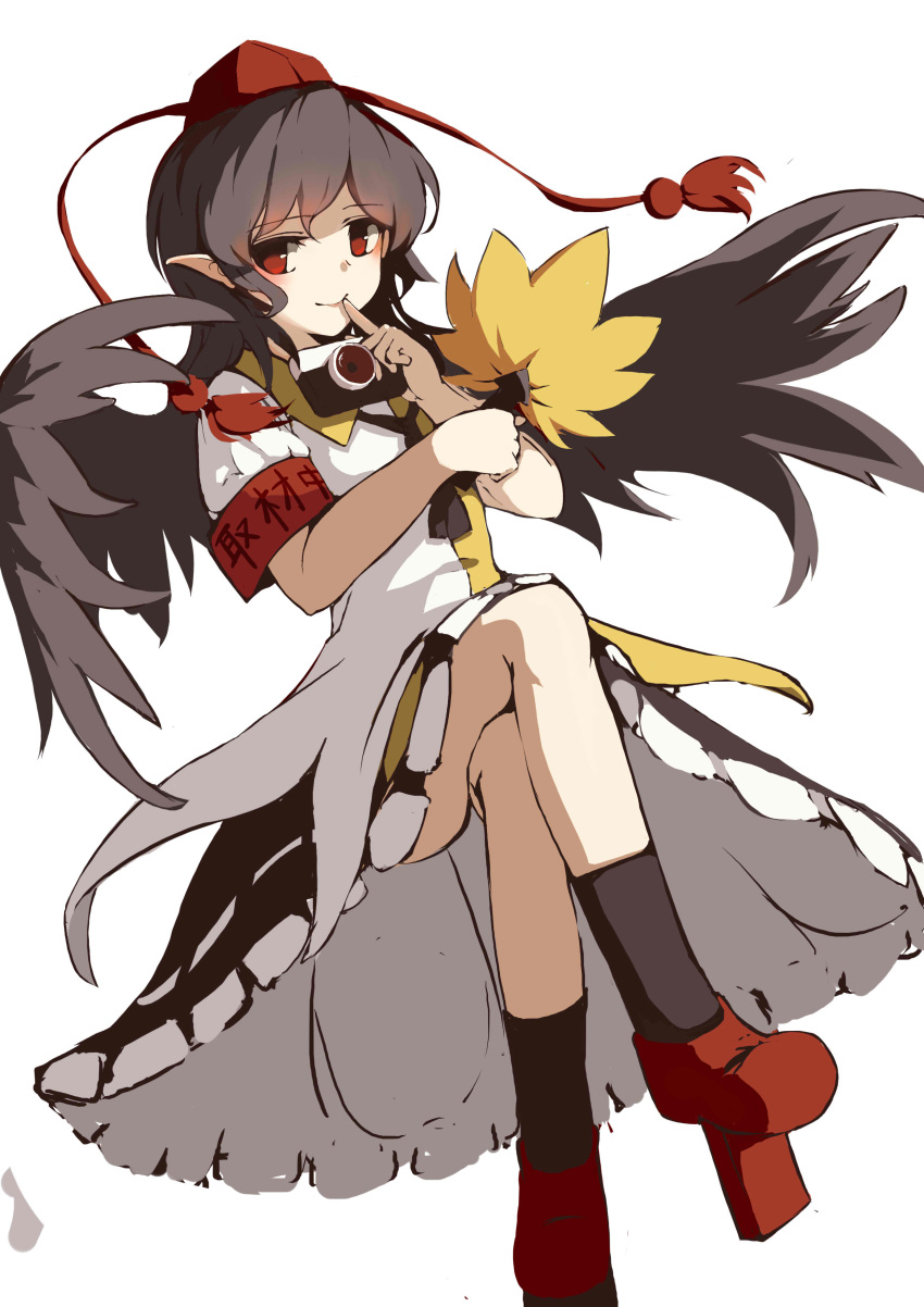 1girl, absurdres, armband, bird_wings, black_hair, black_legwear, black_necktie, black_skirt