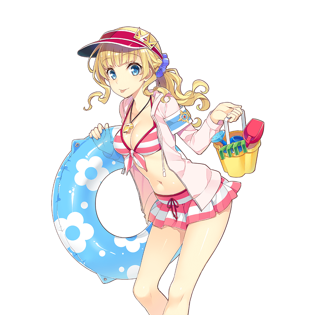 1girl, :p, artist_request, bikini, bikini_skirt, blonde_hair, blue_eyes, breasts, character_request, cleavage, copyright_request, floral_print, front-tie_top, halter_top, halterneck, holding, innertube, jacket, long_hair, long_sleeves, looking_at_viewer, mmu, navel, open_clothes, open_jacket, sand_bucket, shiny, shiny_skin, shirt, simple_background, solo, strap_gap, striped, striped_bikini, swimsuit, tongue, tongue_out, transparent_background, uchi_no_hime-sama_ga_ichiban_kawaii, visor_cap, whistle