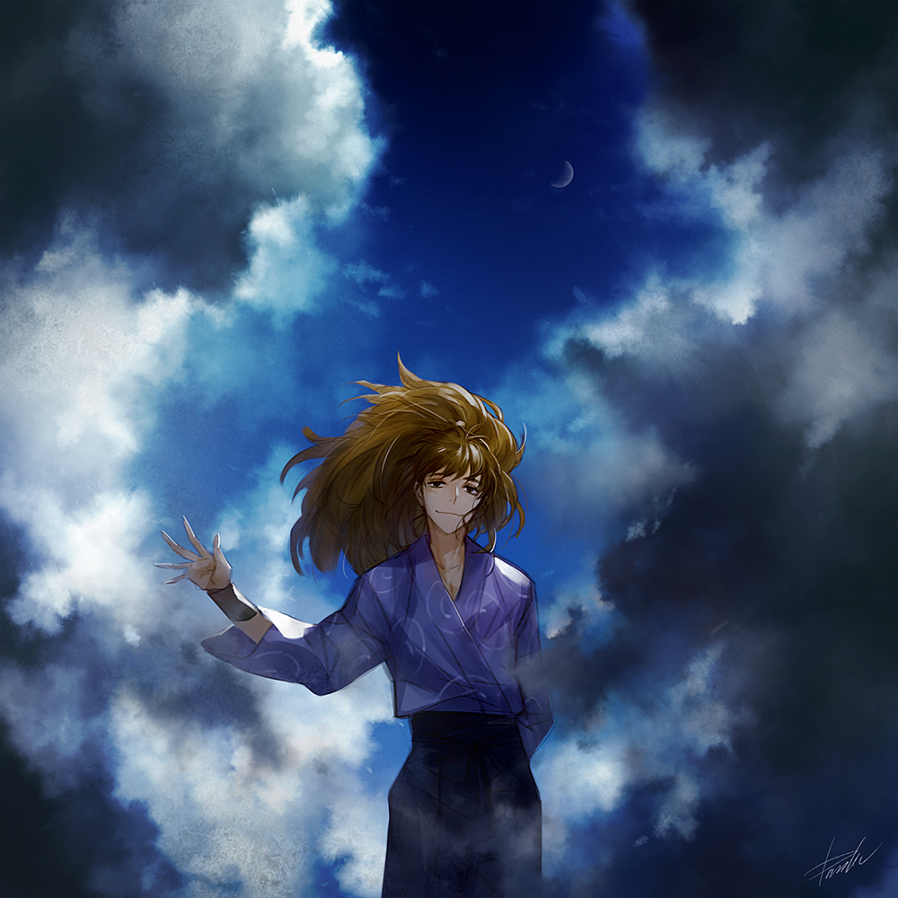 1boy, brown_hair, danhu, fuwa_raizou, japanese_clothes, light_smile, long_hair, male_focus, ponytail, rakudai_ninja_rantarou, sky, solo