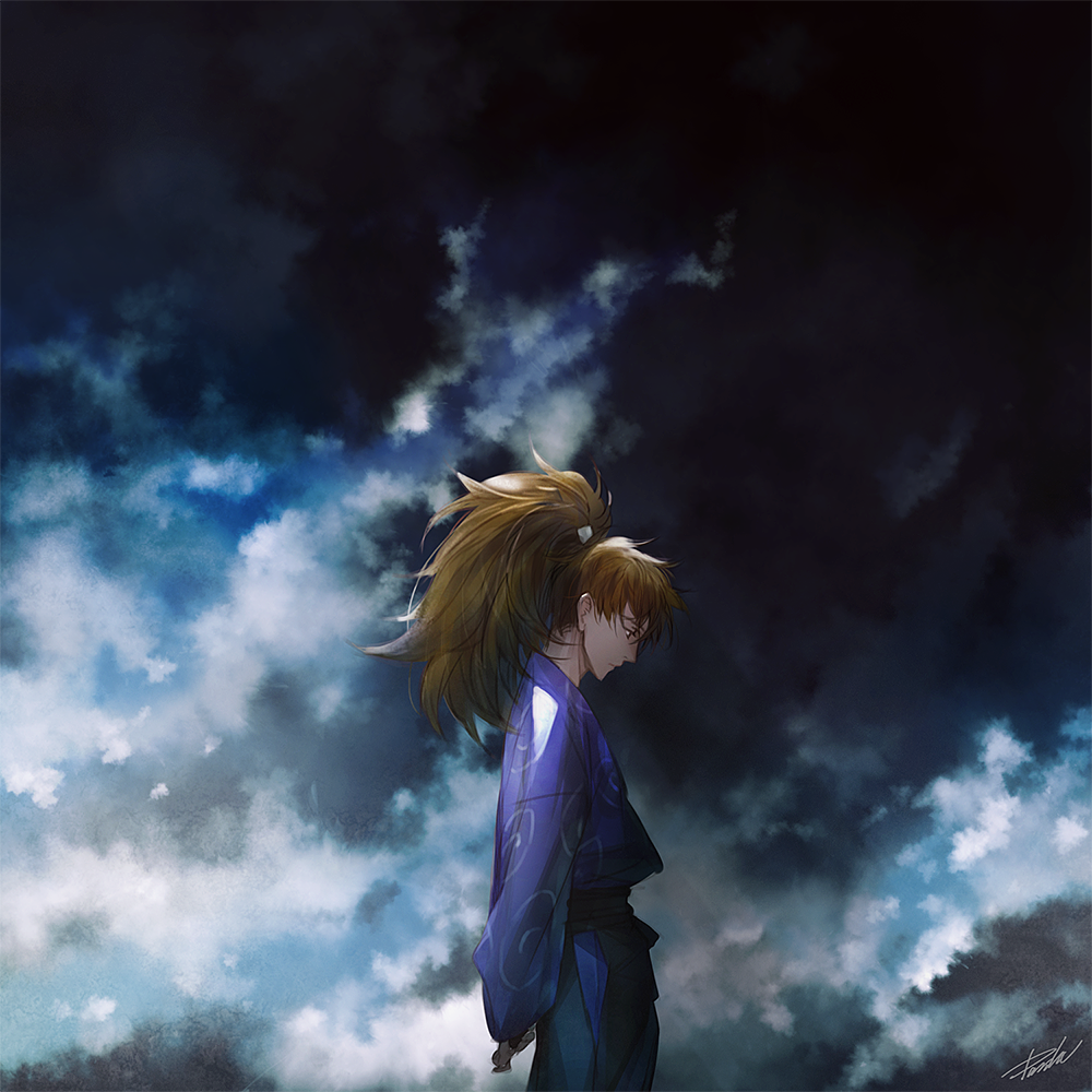 1boy, brown_hair, danhu, hachiya_saburou, japanese_clothes, long_hair, male_focus, ponytail