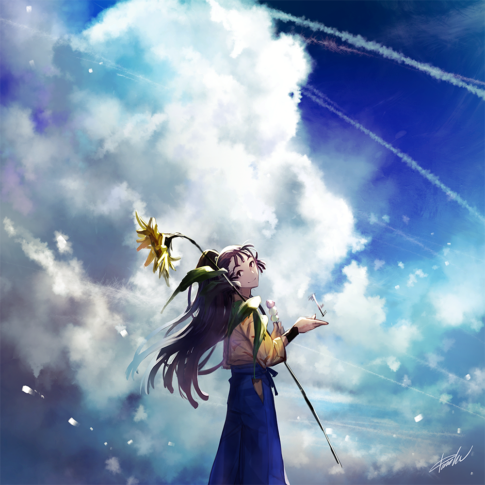 1boy, dango, danhu, flower, food, long_hair, ohama_kan'emon, ponytail