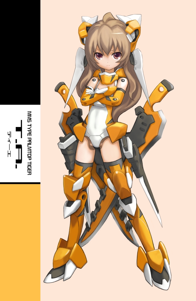 brown_hair, busou_shinki, crossed_arms, long_hair, mecha_musume, mzd421, parody, robot_ears