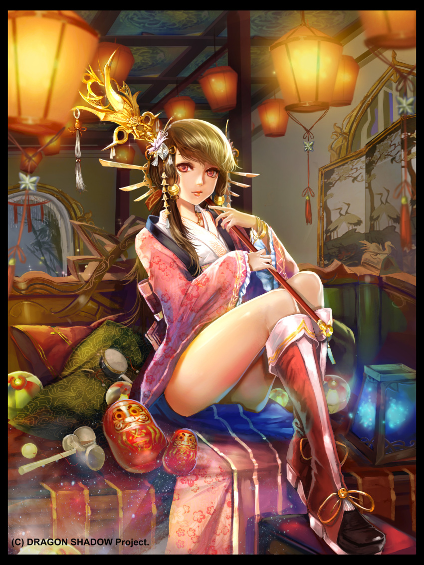 1girl, absurdres, ball, bangle, boots, bracelet, brown_hair, copyright_name