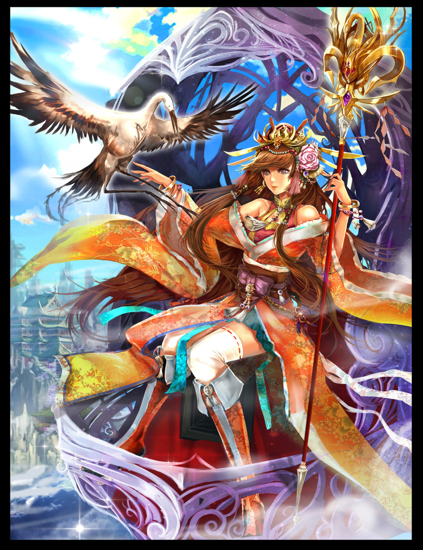 1girl, architecture, bangle, bird, blue_sky, boots, bracelet, brown_hair