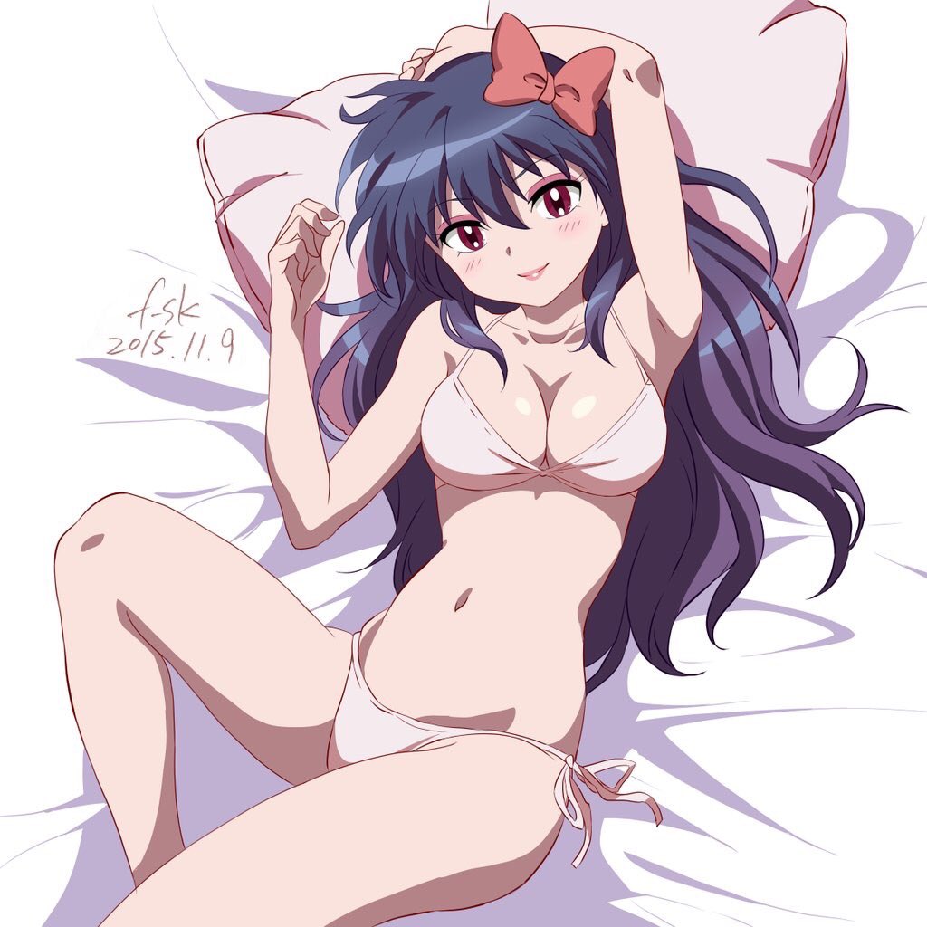 1girl, 2015, ageha_(kyoukai_no_rinne), arm_up, armpits, artist_name, bikini, black_hair, blush, bow, breasts, brown_eyes, cleavage, closed_mouth, collarbone, dated, eyebrows, eyebrows_visible_through_hair, fusuke208, hair_between_eyes, head_tilt, kyoukai_no_rinne, long_hair, looking_at_viewer, lying, medium_breasts, navel, number, on_back, parted_lips, pillow, red_bow, red_lips, side-tie_bikini, smile, solo, swimsuit, very_long_hair, white_bikini