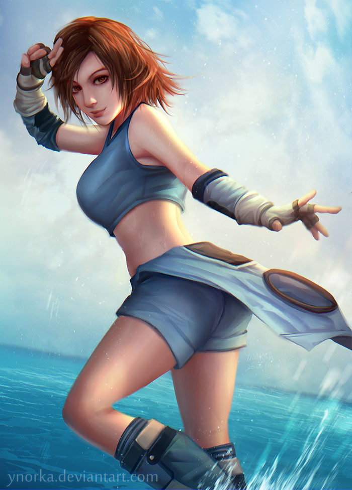 1girl, artist_name, bangs, blue_shorts, breasts, brown_hair, closed_mouth, dated, day, deviantart_username, elbow_gloves, eyebrows, eyelashes, fingerless_gloves, from_side, gloves, kazama_asuka, large_breasts, lips, looking_at_viewer, midriff, nose, ocean, parted_bangs, short_hair, shorts, smile, solo, splashing, sports_bra, standing, tekken, water, watermark, ynorka_chiu