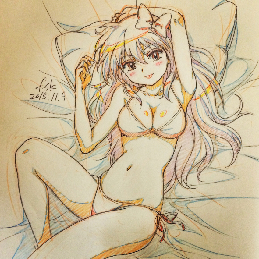 1girl, 2015, ageha_(kyoukai_no_rinne), arm_up, armpits, artist_name, bikini, blush, breasts, brown_eyes, cleavage, collarbone, dated, eyebrows, eyebrows_visible_through_hair, fusuke208, hair_between_eyes, head_tilt, highres, kyoukai_no_rinne, long_hair, looking_at_viewer, lying, medium_breasts, monochrome, navel, number, on_back, parted_lips, pillow, red_lips, side-tie_bikini, smile, solo, spot_color, swimsuit, traditional_media, very_long_hair