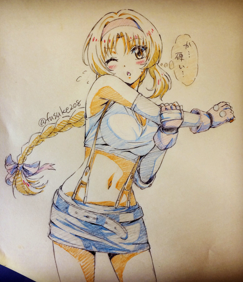 1girl, absurdres, artist_name, belt, blue_bow, blue_skirt, blush, bow, braid, brown_eyes, brown_hair, chestnut_mouth, crop_top, d-frag!, final_fantasy, final_fantasy_vii, fingerless_gloves, flying_sweatdrops, fusuke208, gloves, hair_bow, hairband, hand_on_own_arm, highres, long_hair, navel, one_eye_closed, open_mouth, outstretched_arm, pencil_skirt, photo, shirt, skirt, solo, stretch, suspenders, sweatdrop, takao_(d-frag!), tank_top, thought_bubble, tifa_lockhart, tifa_lockhart_(cosplay), traditional_media, translation_request, twitter_username, very_long_hair, white_shirt