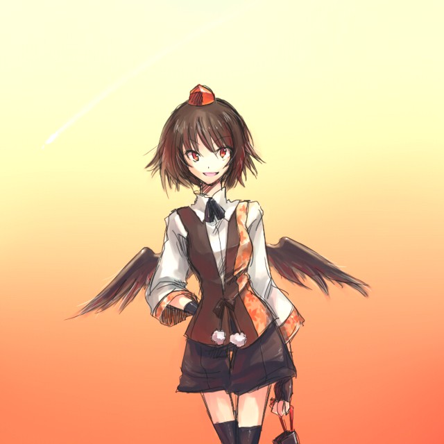 fingerless_gloves, gloves, hat, low_wings, onimaru, onimaru_gonpei, red_eyes, shameimaru_aya