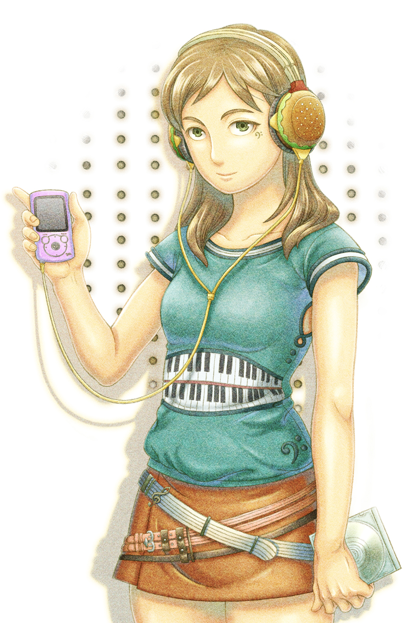 1girl, breasts, brown_hair, cable, cd_case, cheeseburger, digital_media_player, facial_tattoo