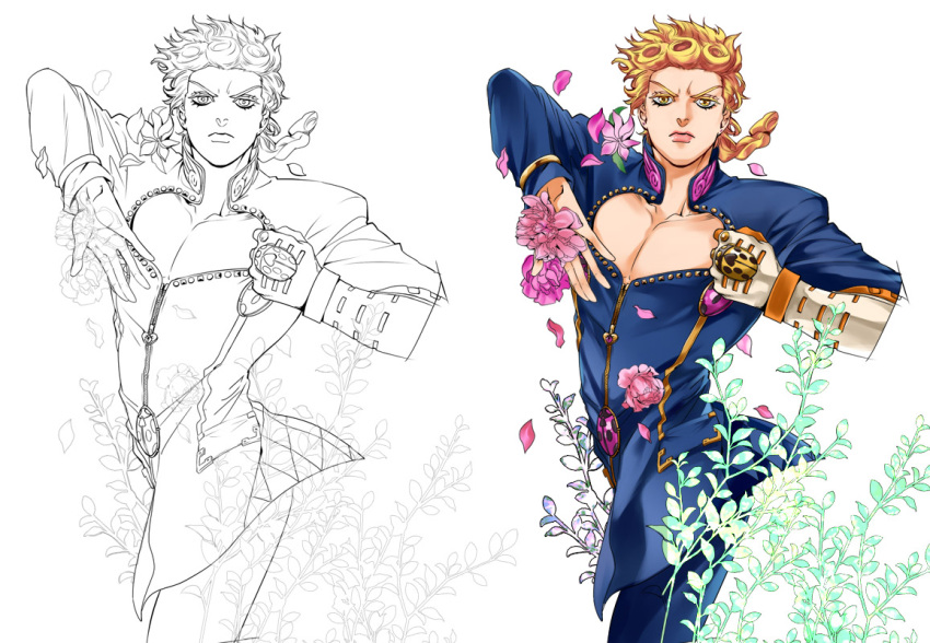 1boy, blonde_hair, braid, brooch, chaashuu, earrings, flower, giorno_giovanna