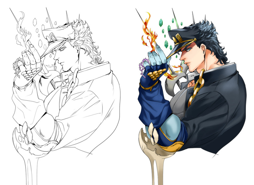 1boy, black_hair, chaashuu, chain, earrings, emerald, fire, from_side