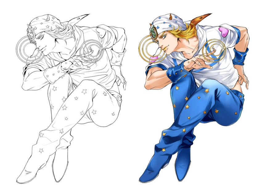 1boy, blonde_hair, blue_eyes, chaashuu, full_body, hat, heart, hood