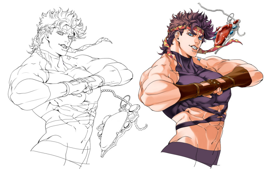1boy, abs, birthmark, blue_eyes, brown_hair, chaashuu, clenched_hands, clenched_teeth, fingerless_gloves, gloves, joestar_birthmark, jojo_no_kimyou_na_bouken, joseph_joestar_(young), lineart, male_focus, muscle, navel, red_stone_of_aja, solo, teeth, upper_body
