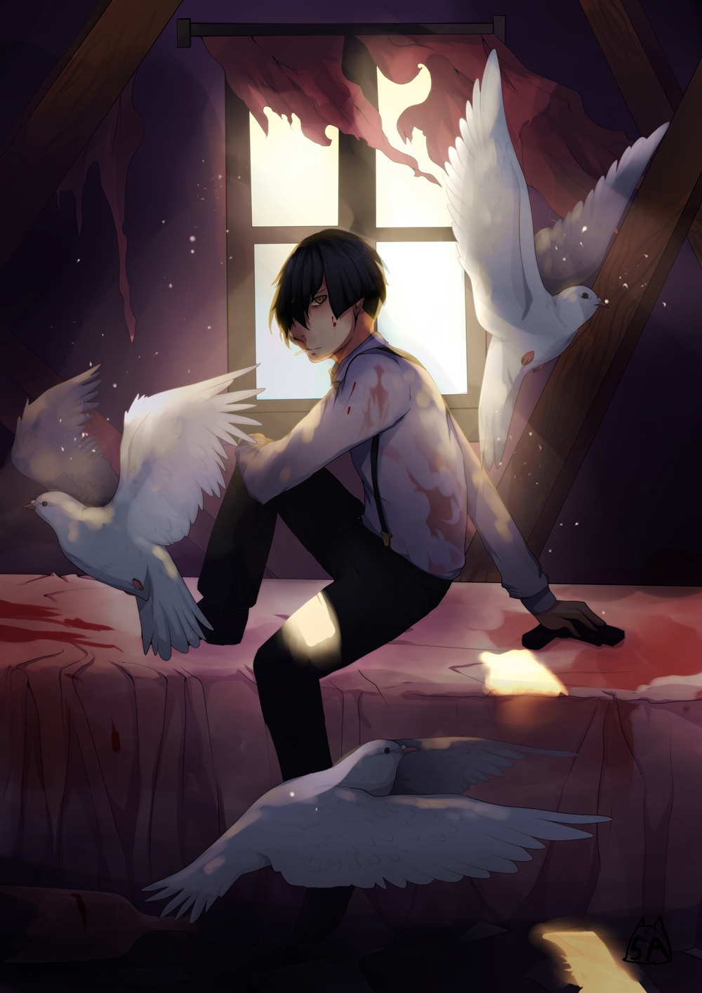 91_days, avilio_bruno, bird, black_hair, black_pants, blackcat_(furcat), blood, bottle, dove, gun, hair_over_one_eye, highres, looking_at_viewer, on_bed, pants, suspenders, weapon, window