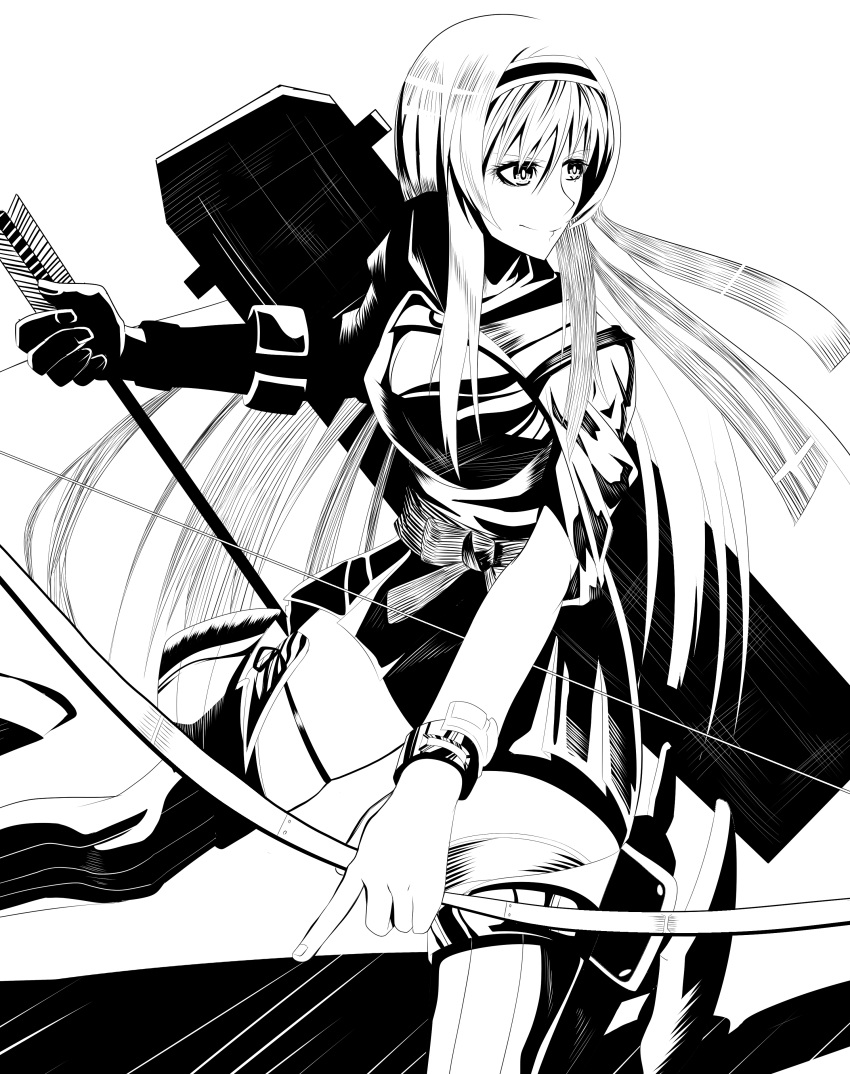 1girl, absurdres, arrow, bow_(weapon), bracelet, drshellon, greyscale, hairband