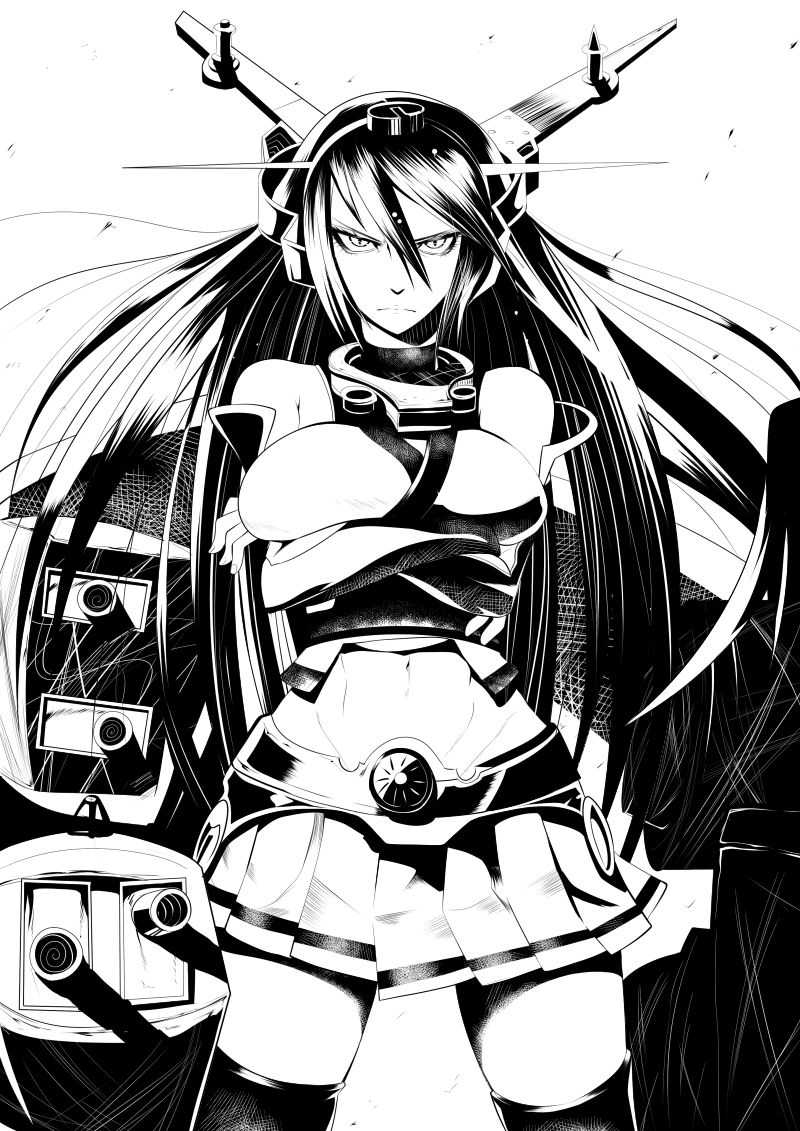 1girl, black_legwear, breast_hold, breasts, crossed_arms, drshellon, frown, greyscale, groin, kantai_collection, large_breasts, long_hair, looking_at_viewer, midriff, miniskirt, monochrome, nagato_(kantai_collection), navel, skirt, solo, standing, thigh-highs, zettai_ryouiki