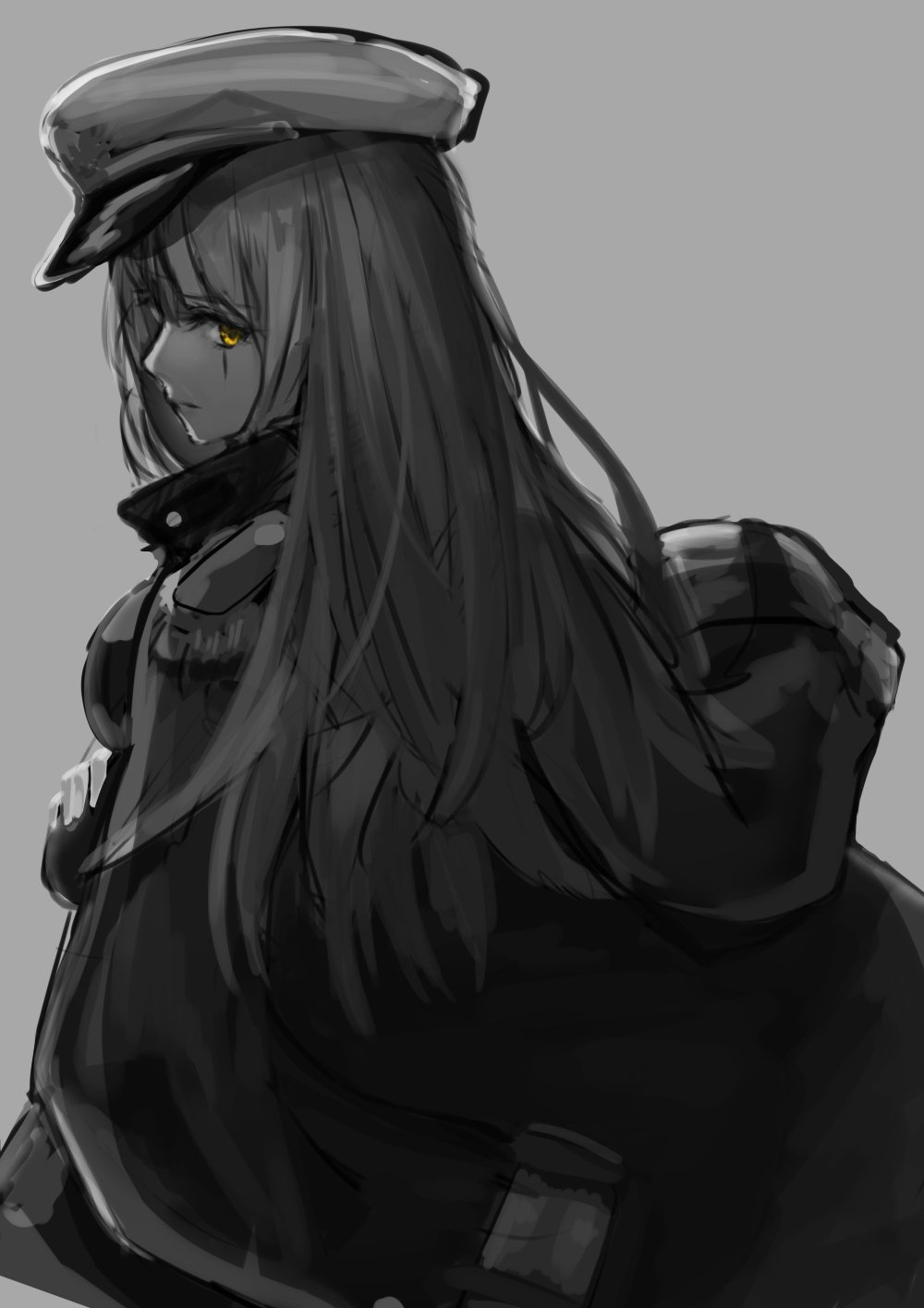 1girl, ato_(haru_ato), character_request, copyright_request, crossed_arms, epaulettes, from_behind, grey_background
