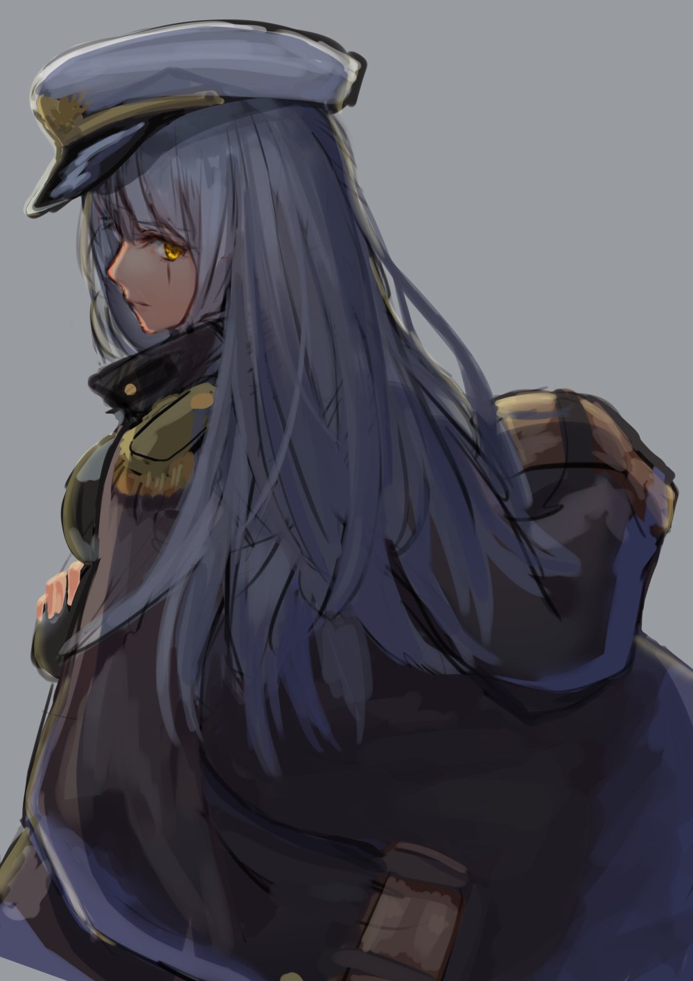 1girl, ato_(haru_ato), blue_hair, character_request, copyright_request, crossed_arms, epaulettes, from_behind