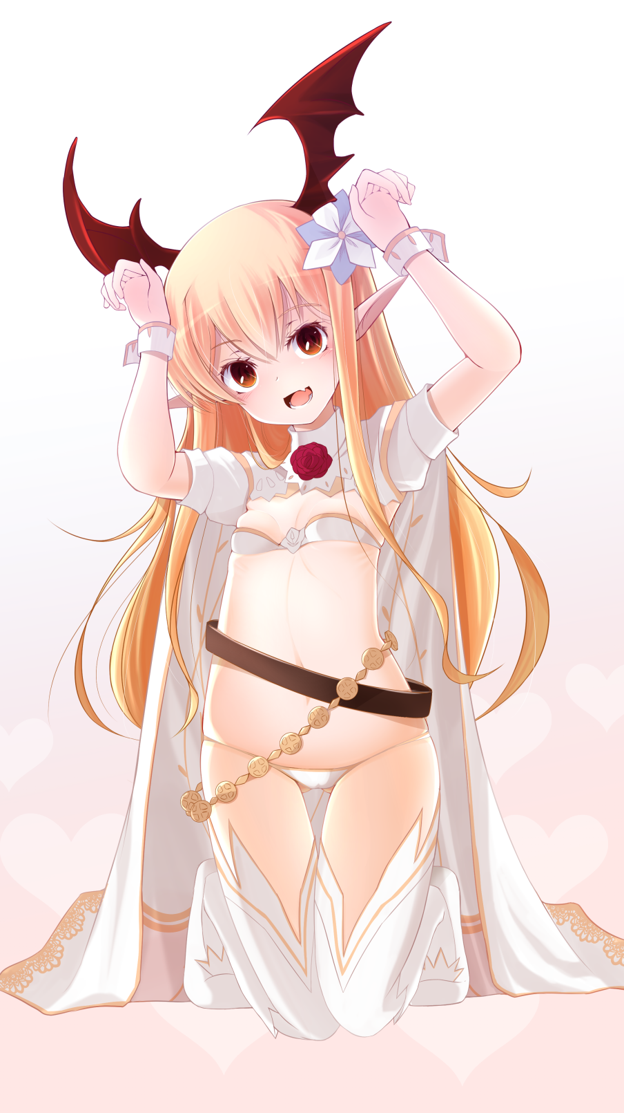 1girl, alternate_costume, belly_chain, blonde_hair, breasts, cape, doburoku_(daiginjou), fang