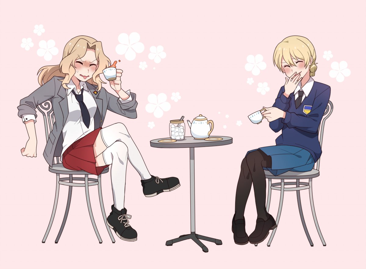 2girls, black_legwear, black_necktie, blonde_hair, blush, closed_eyes, covering_mouth, crossed_legs