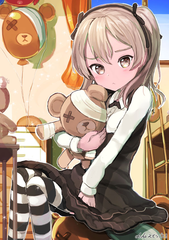 1girl, artist_name, balloon, bandages, bangs, bedroom, black_dress, blush, boko_(girls_und_panzer), chair, dada_(esoragoto), dress, frown, girls_und_panzer, hair_ribbon, hairband, holding, indoors, long_hair, long_sleeves, looking_at_viewer, neck_ribbon, ribbon, shimada_arisu, shirt, side_ponytail, signature, sitting, sketch, solo, striped, striped_legwear, stuffed_animal, stuffed_toy, teddy_bear, thigh-highs, white_shirt, wing_collar