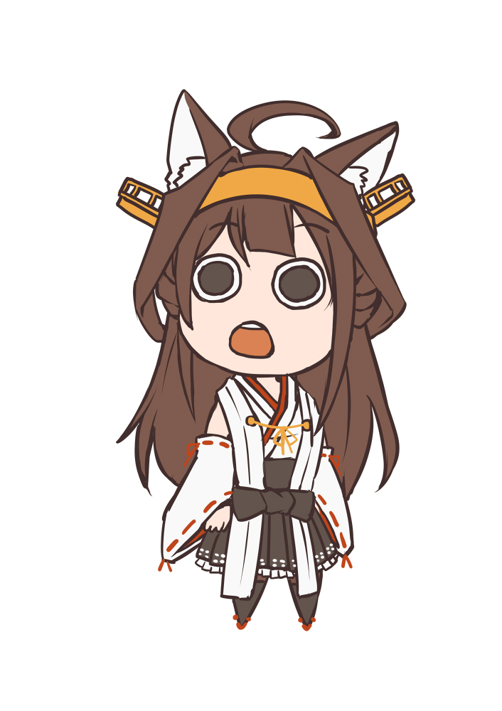 1girl, :o, animal_ears, black_eyes, brown_hair, cat_ears, chibi, detached_sleeves